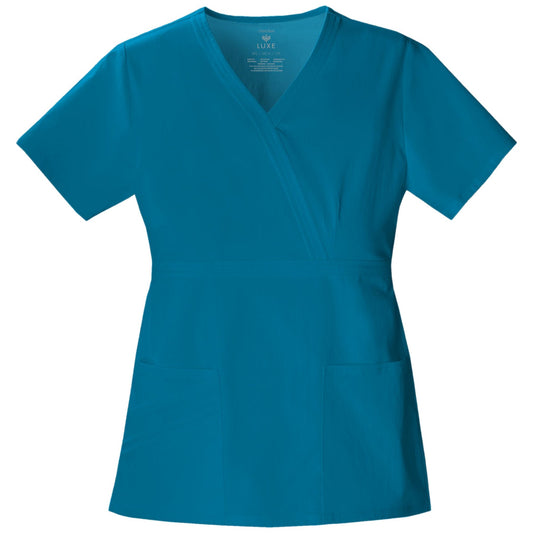 Cherokee Luxe 1841 Scrubs Top Women's Mock Wrap Caribbean Blue