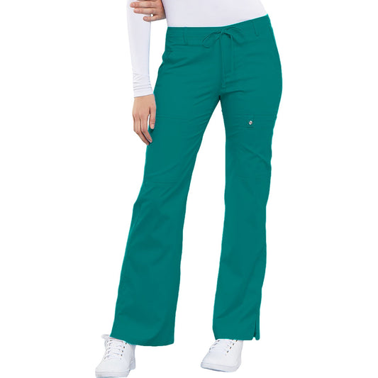Cherokee Luxe 21100 Scrubs Pants Women's Low Rise Flare Leg Drawstring Cargo Teal Blue