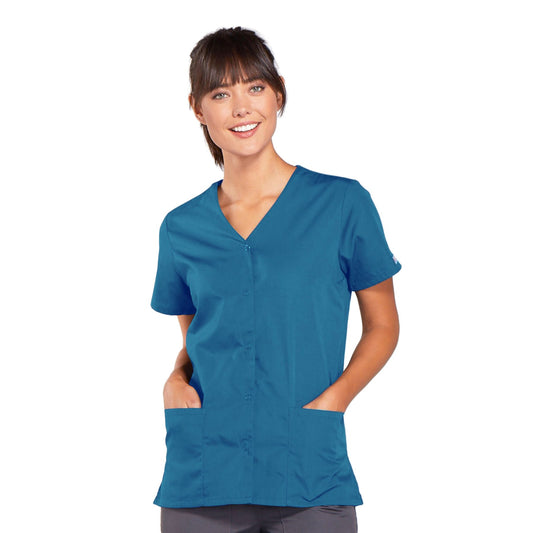 Cherokee Workwear 4770 Scrubs Top Women's Snap Front V-Neck Caribbean Blue