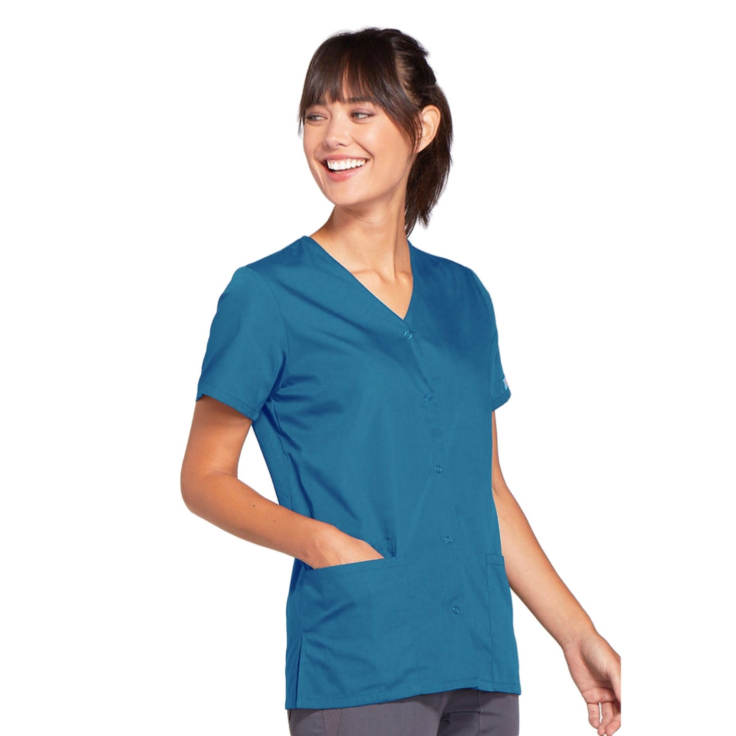 Cherokee Workwear 4770 Scrubs Top Women's Snap Front V-Neck Caribbean Blue 4XL