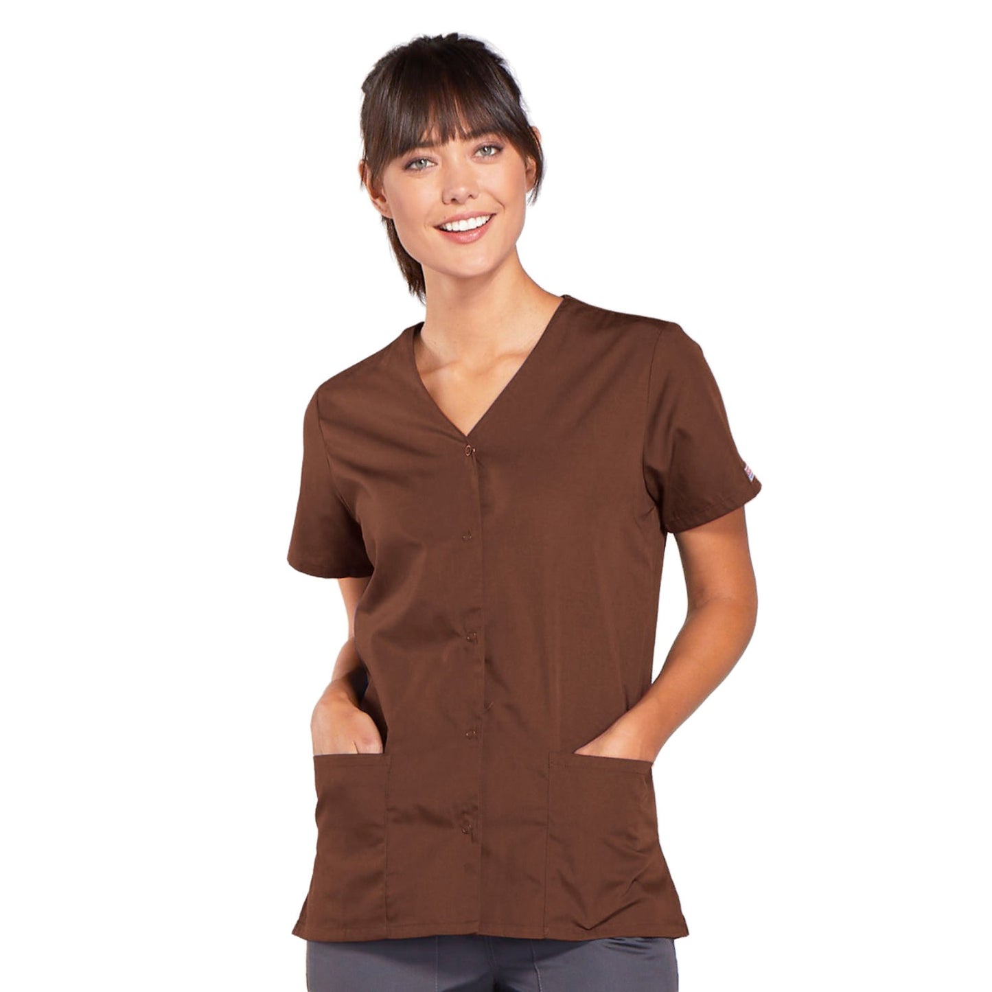 Cherokee Workwear 4770 Scrubs Top Women's Snap Front V-Neck Chocolate