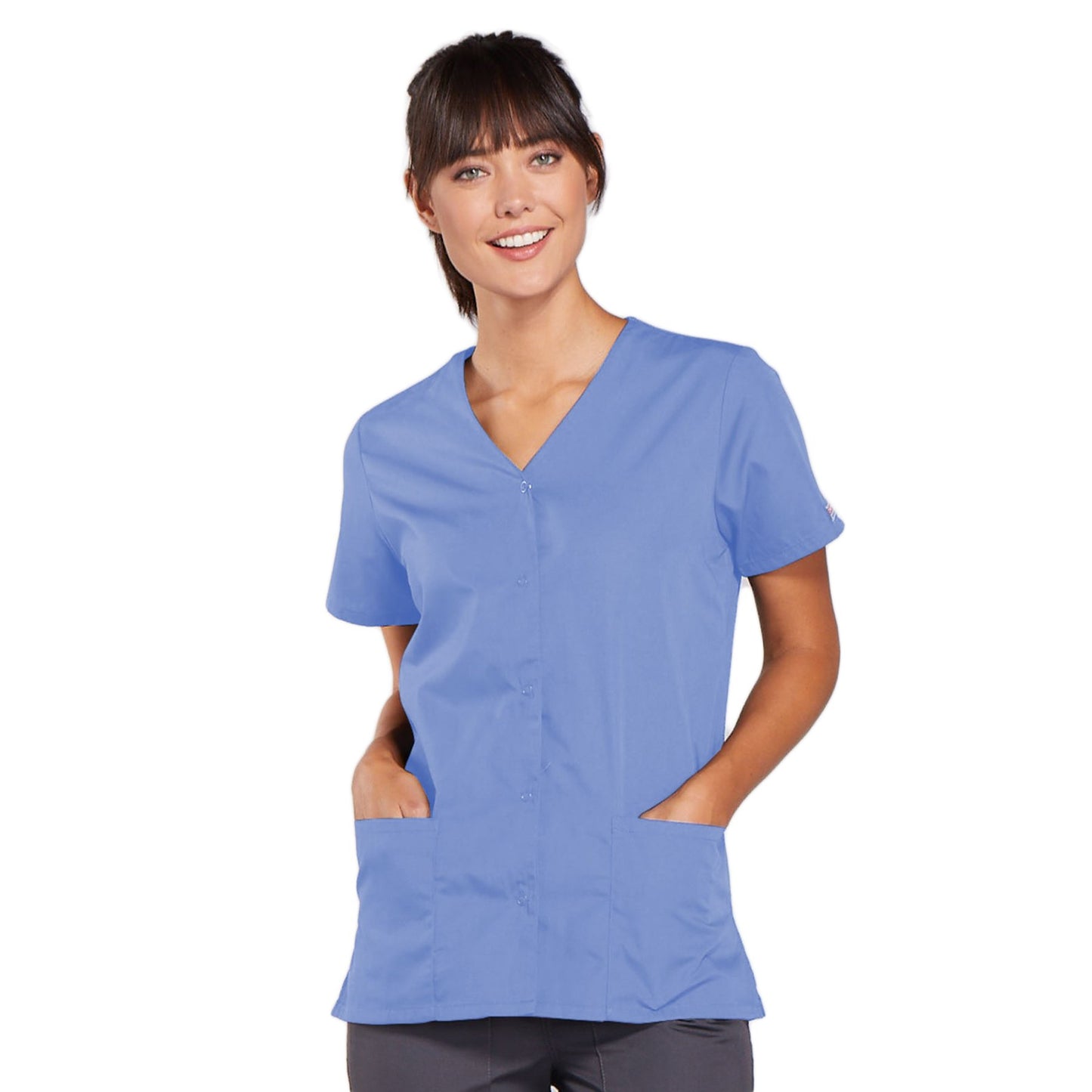 Cherokee Workwear 4770 Scrubs Top Women's Snap Front V-Neck Ciel Blue
