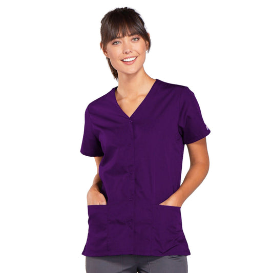 Cherokee Workwear 4770 Scrubs Top Women's Snap Front V-Neck Eggplant