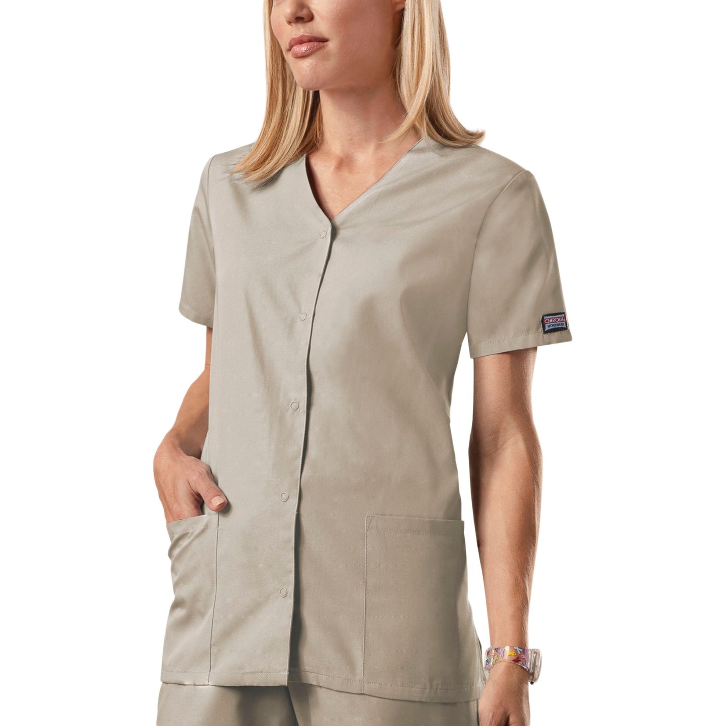 Cherokee Workwear 4770 Scrubs Top Women's Snap Front V-Neck Khaki