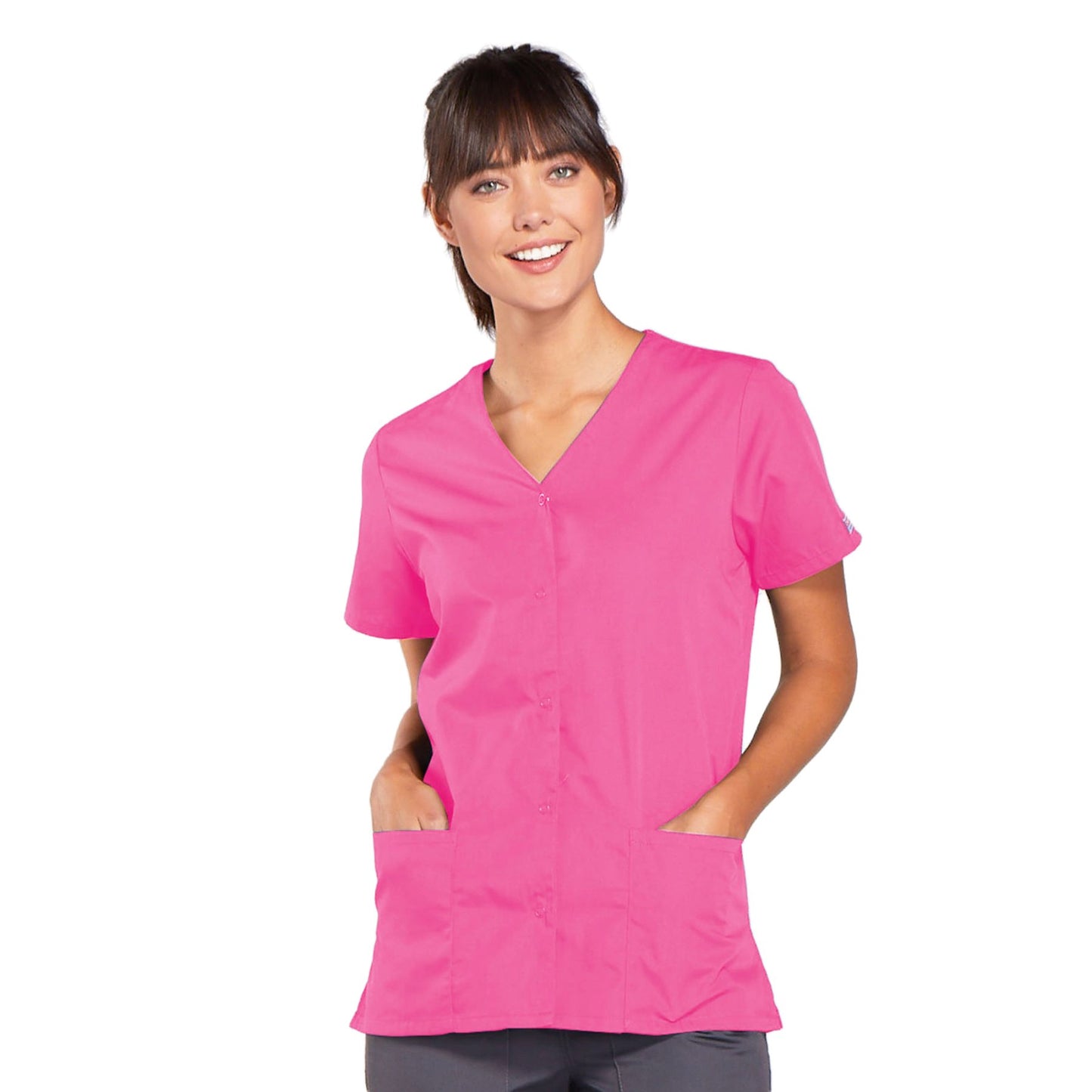 Cherokee Workwear 4770 Scrubs Top Women's Snap Front V-Neck Shocking Pink