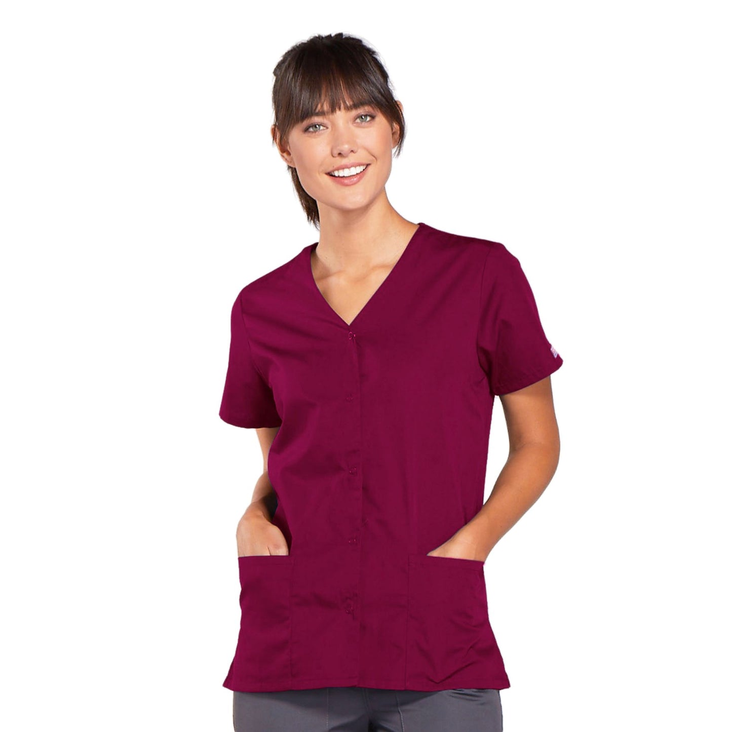 Cherokee Workwear 4770 Scrubs Top Women's Snap Front V-Neck Wine