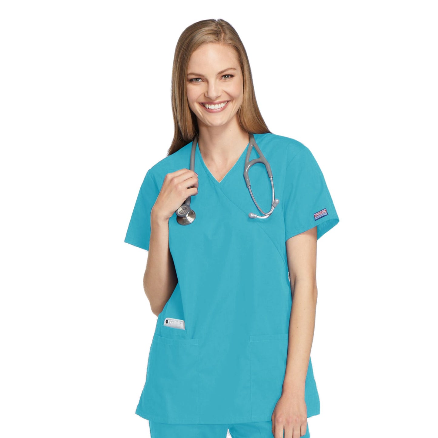 Cherokee Workwear 4801 Scrubs Top Women's Mock Wrap Tunic Turquoise
