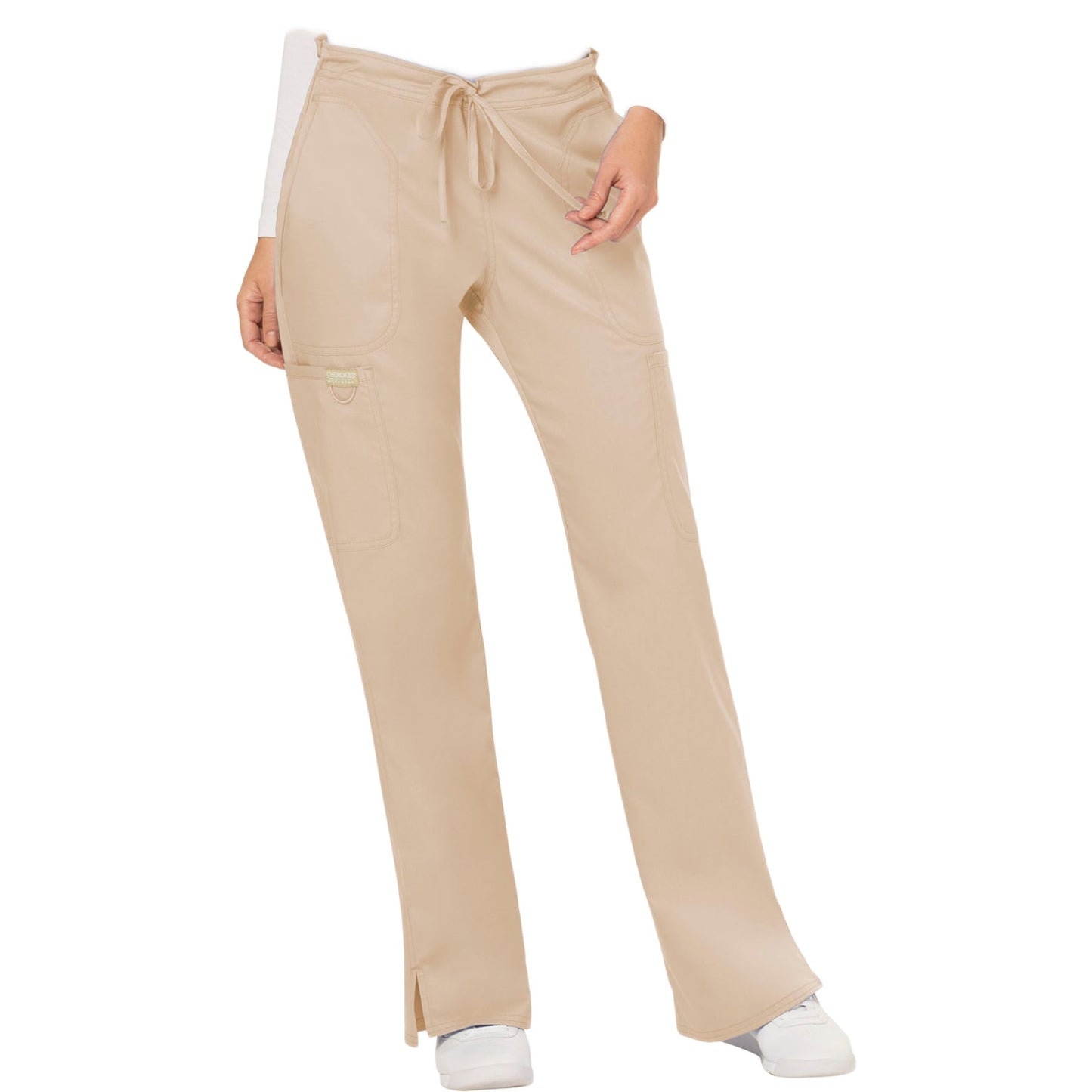 Cherokee Workwear Revolution WW120 Scrubs Pants Women's Mid Rise Moderate Flare Drawstring Khaki