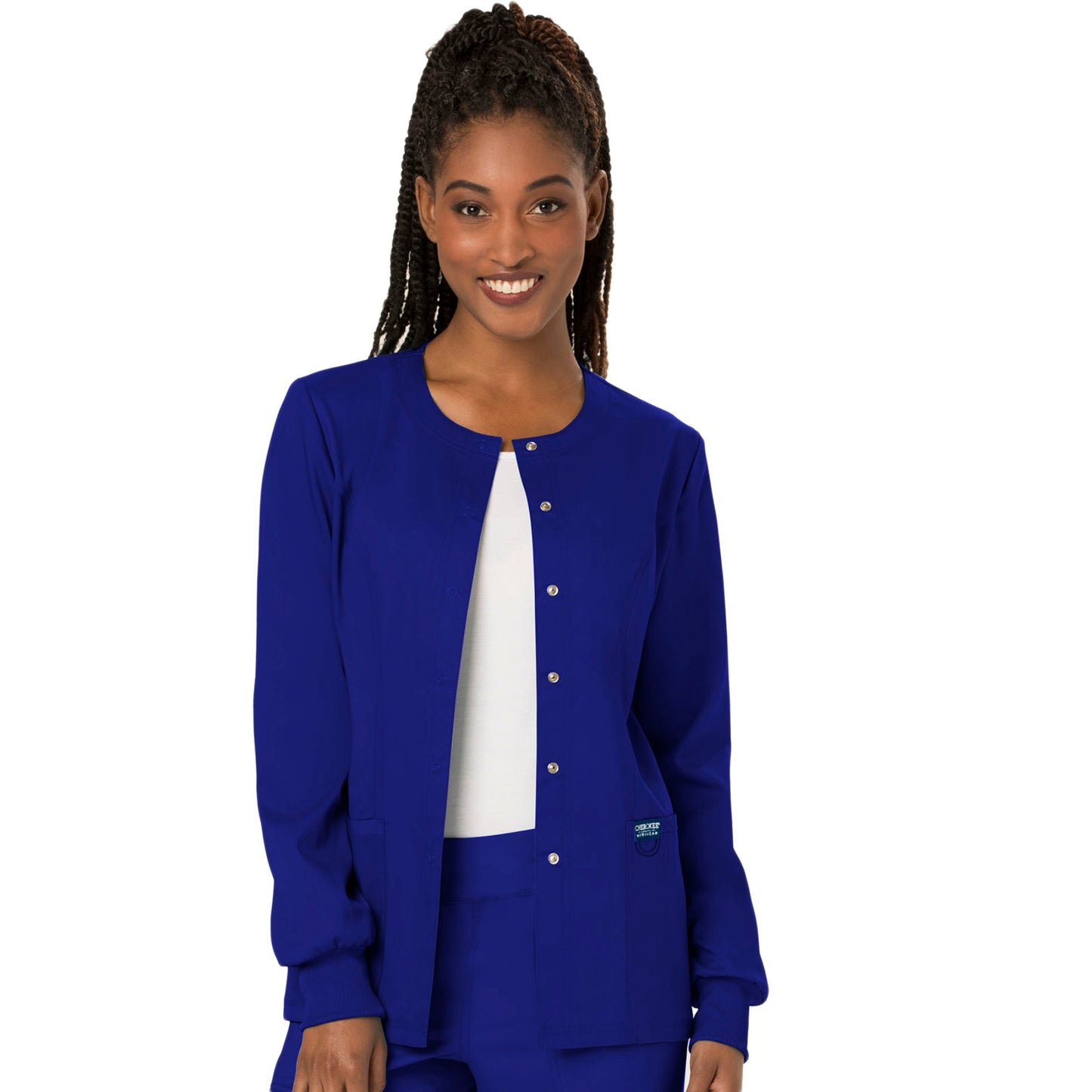 Cherokee Workwear Revolution WW310 Scrubs Jacket Women's Snap Front Warm-up Galaxy Blue