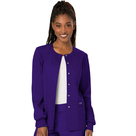 Cherokee Workwear Revolution WW310 Scrubs Jacket Women's Snap Front Warm-up Grape