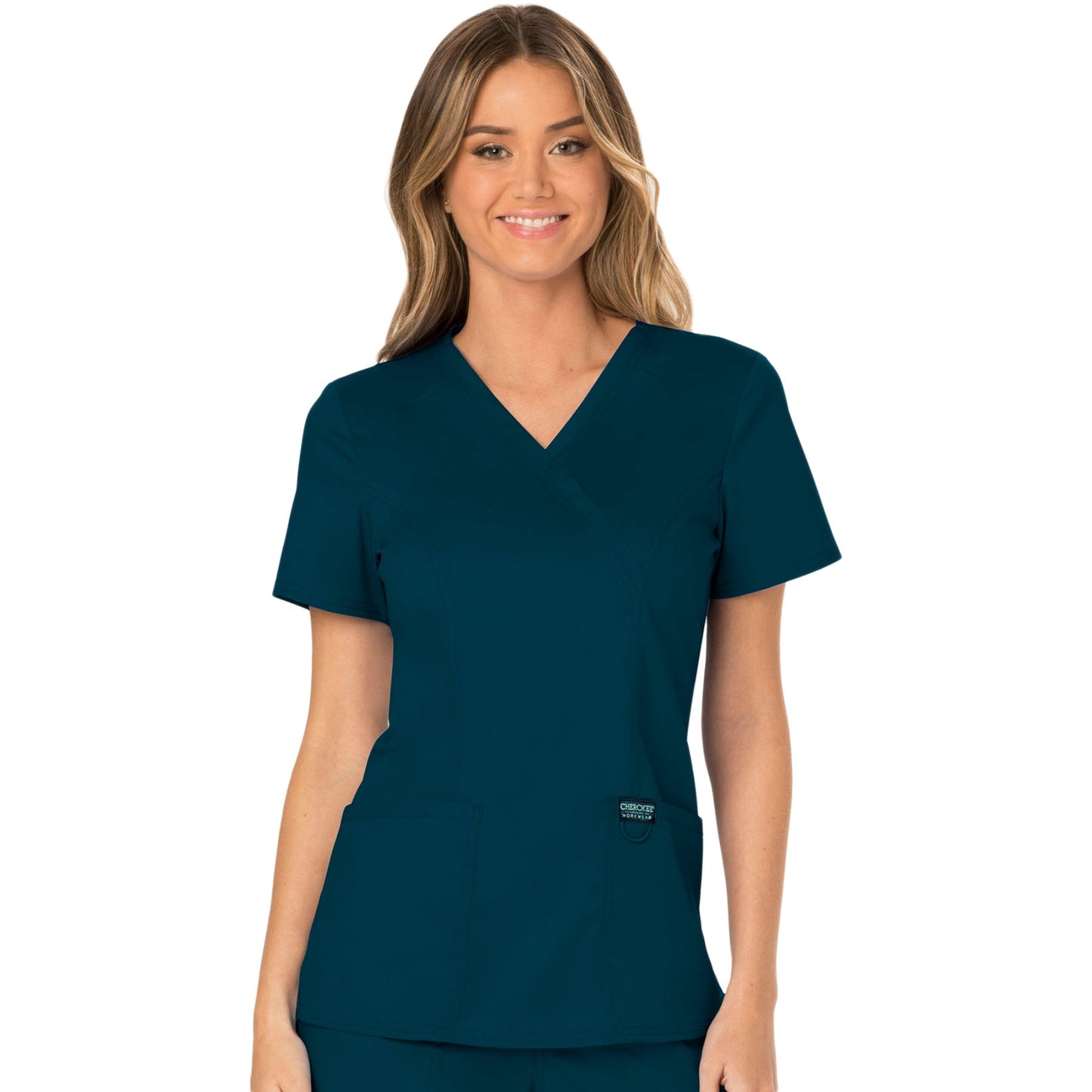 Cherokee Workwear Revolution WW610 Scrubs Top Women's Mock Wrap Caribbean Blue