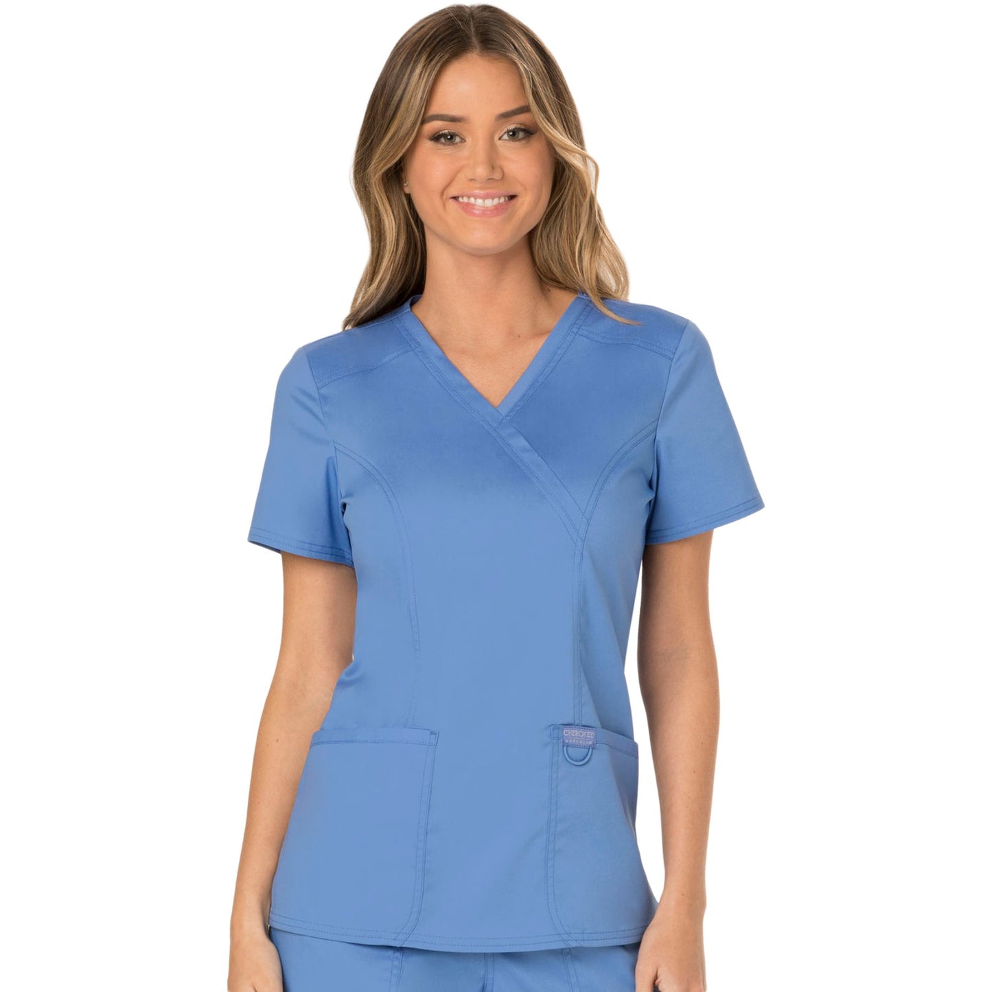 Cherokee Workwear Revolution WW610 Scrubs Top Women's Mock Wrap Ciel Blue