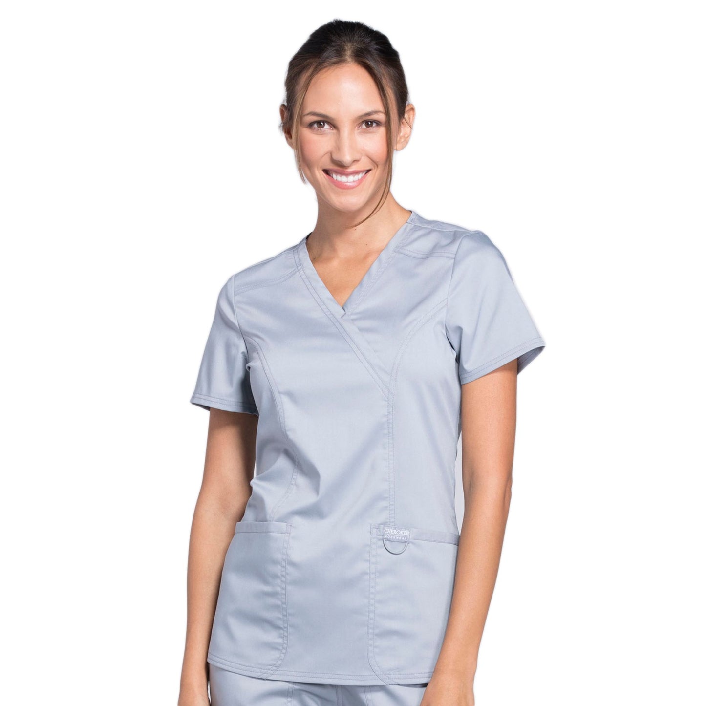 Cherokee Workwear Revolution WW610 Scrubs Top Women's Mock Wrap Grey