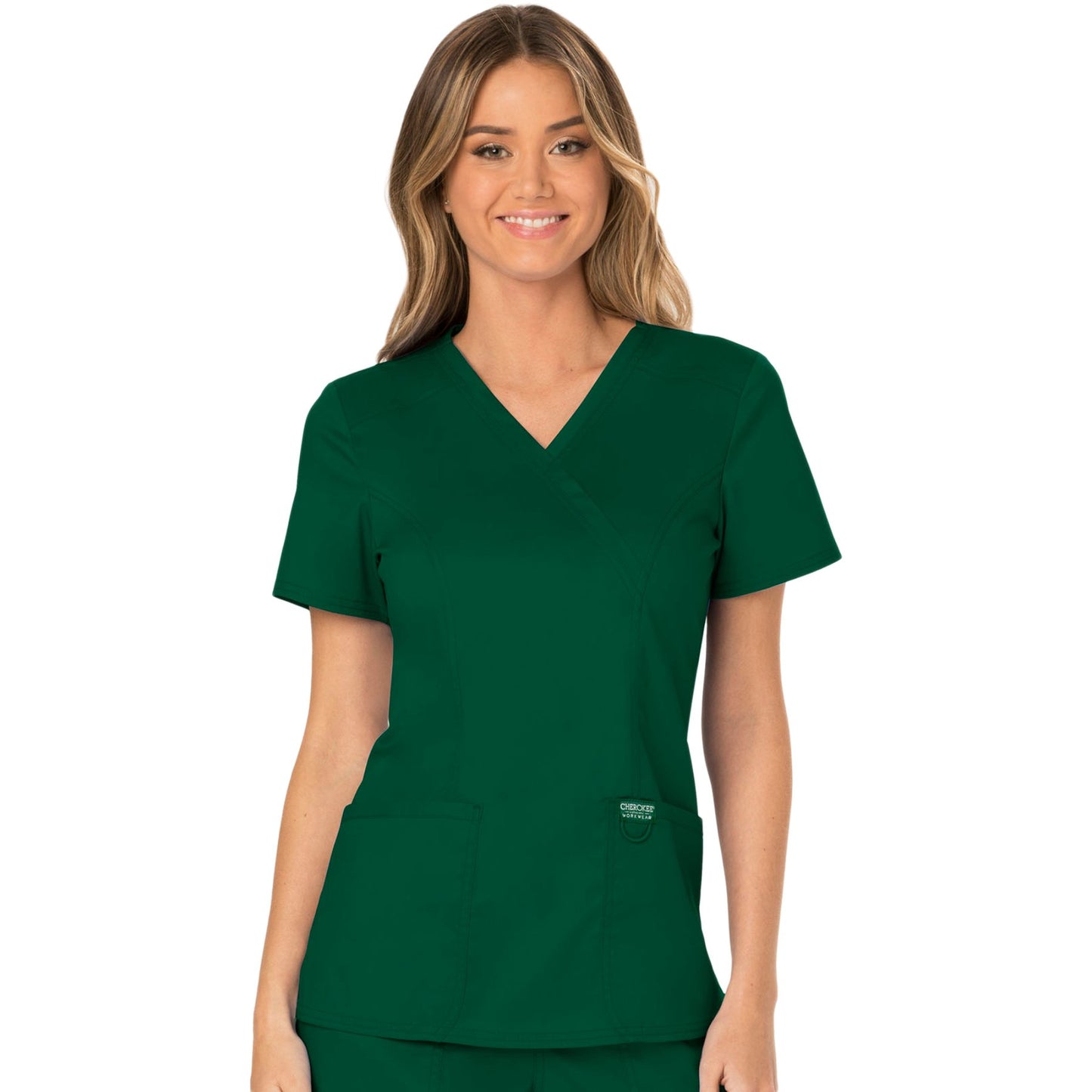 Cherokee Workwear Revolution WW610 Scrubs Top Women's Mock Wrap Hunter Green