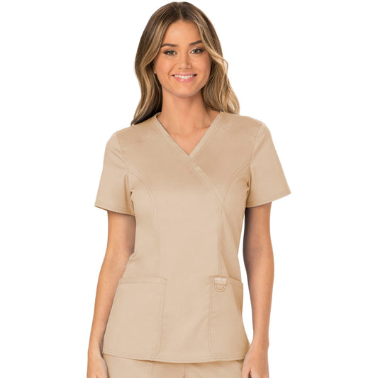 Cherokee Workwear Revolution WW610 Scrubs Top Women's Mock Wrap Khaki
