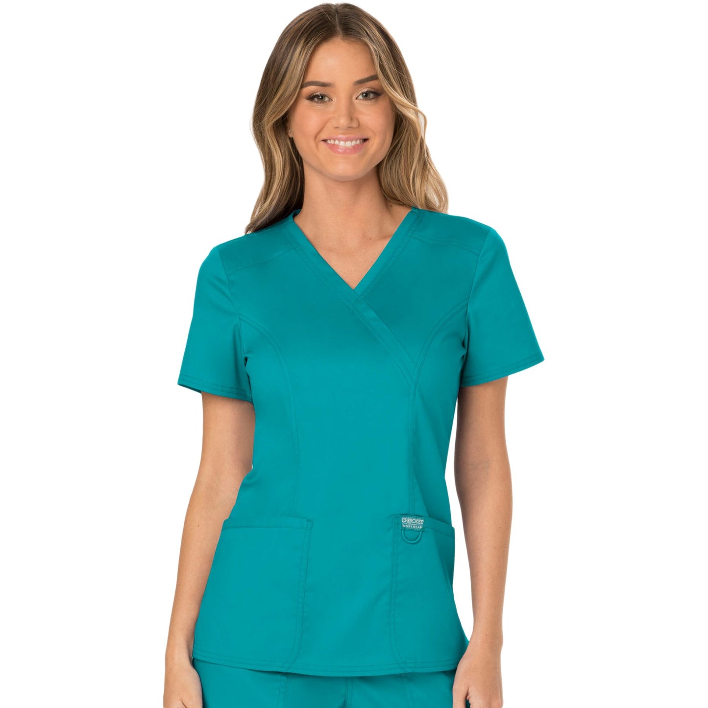 Cherokee Workwear Revolution WW610 Scrubs Top Women's Mock Wrap Teal Blue