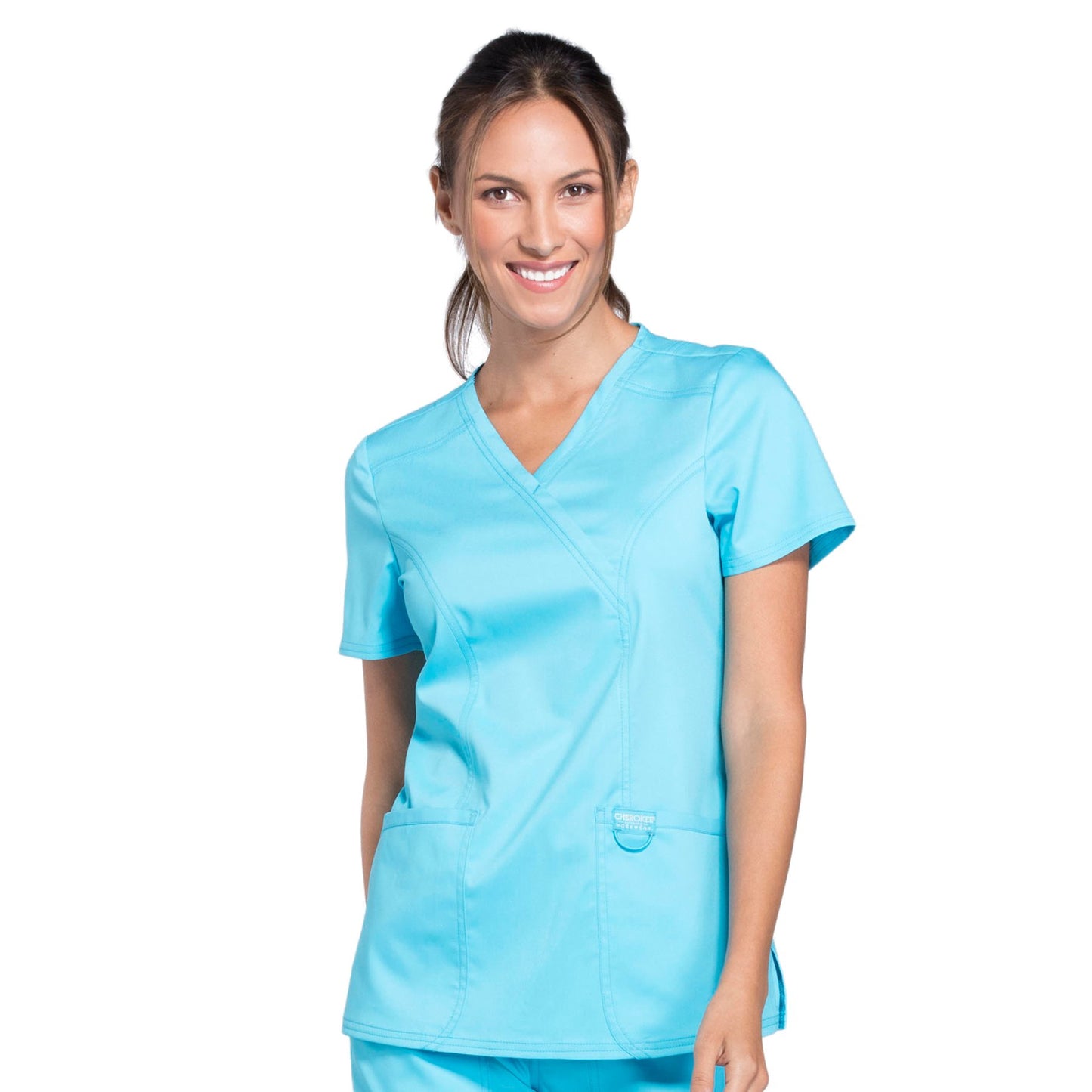 Cherokee Workwear Revolution WW610 Scrubs Top Women's Mock Wrap Turquoise