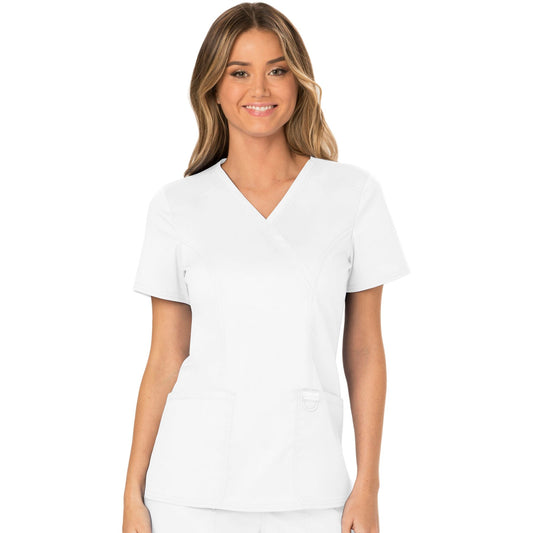 Cherokee Workwear Revolution WW610 Scrubs Top Women's Mock Wrap White