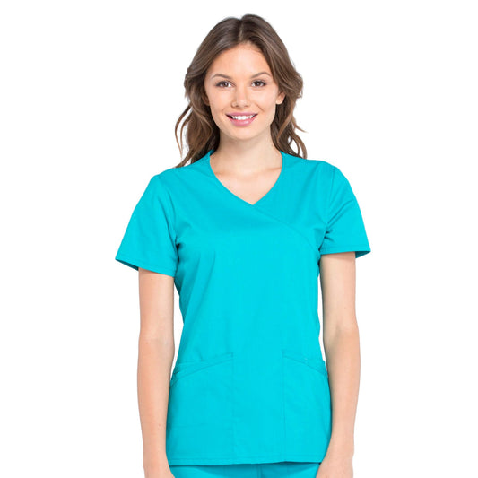 Cherokee Workwear Professionals WW655 Scrubs Top Women's Mock Wrap Teal Blue