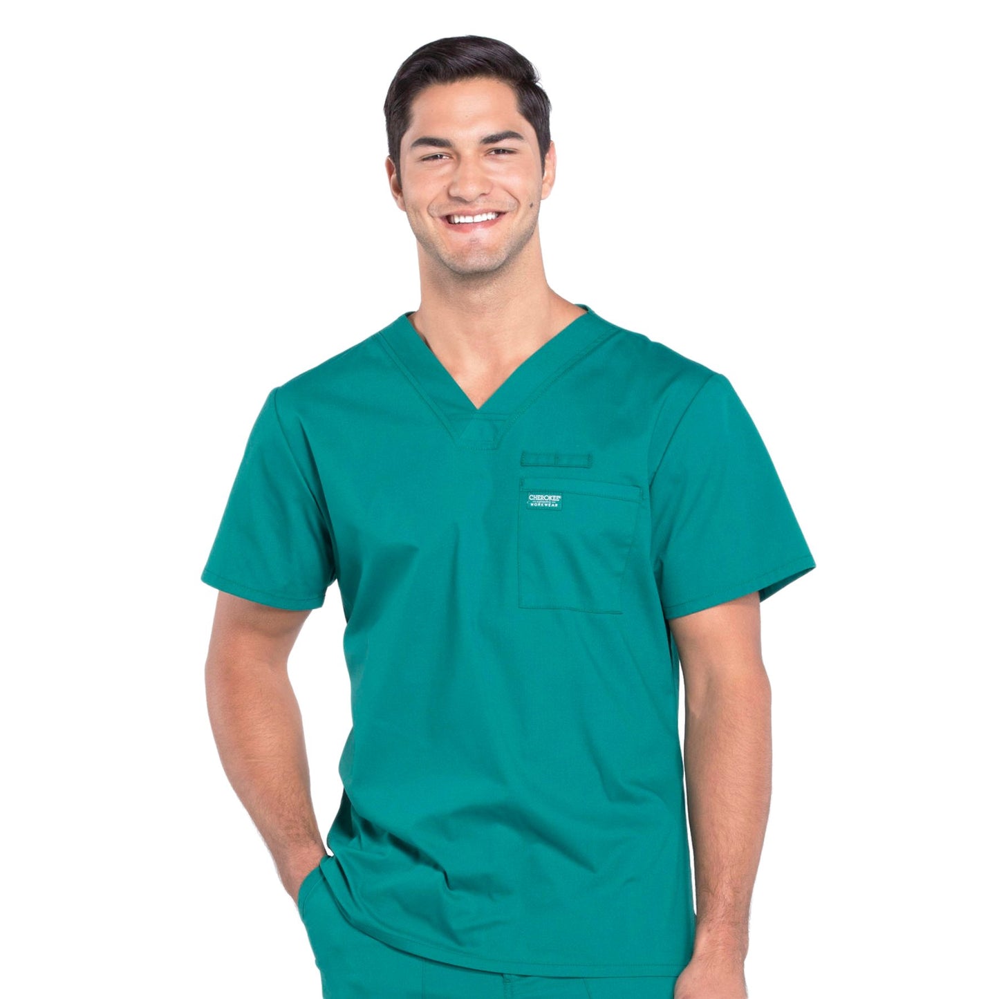 Cherokee Workwear Professionals WW675 Scrubs Top Men's V-Neck Hunter Green