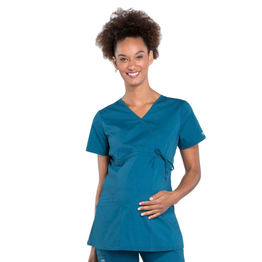 Cherokee Workwear Professionals WW685 Scrubs Top Maternity Mock Wrap Caribbean Blue