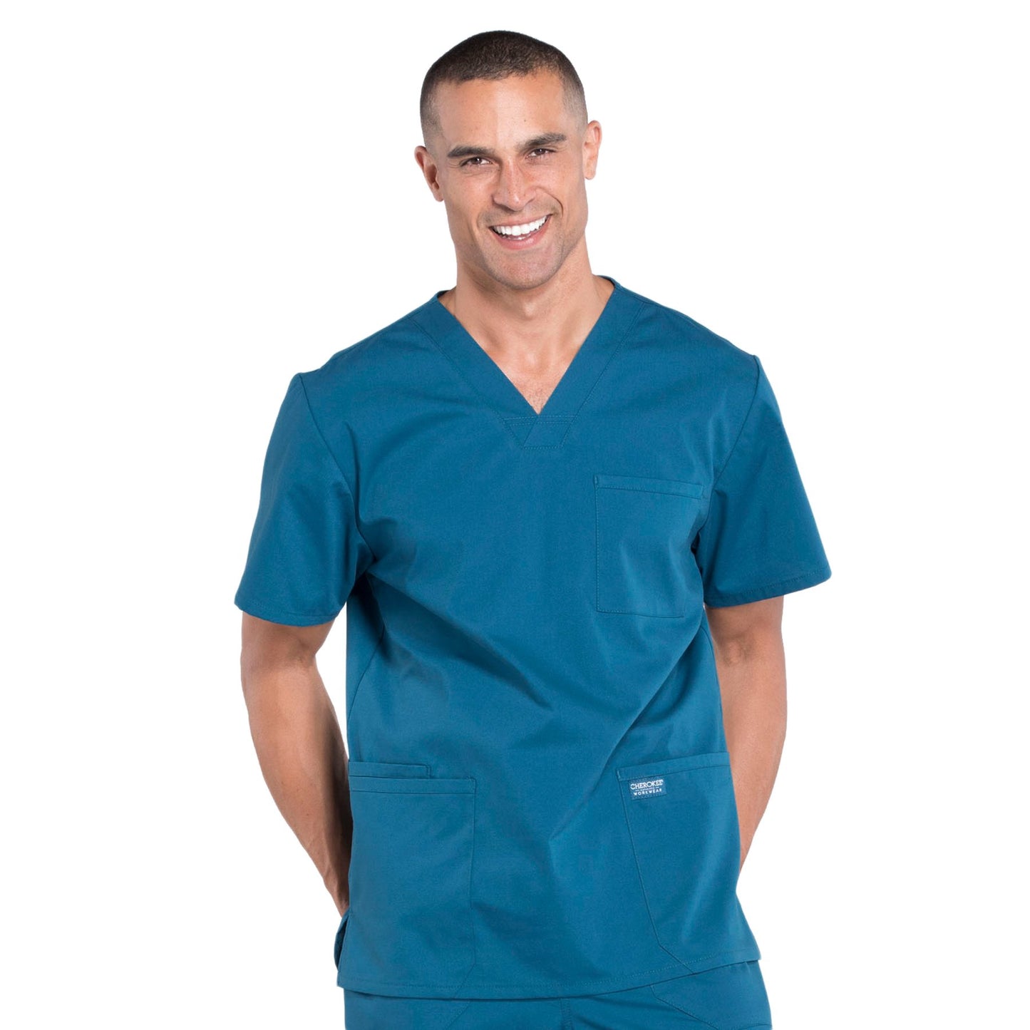 Cherokee Workwear Professionals WW695 Scrubs Top Men's V-Neck Caribbean Blue