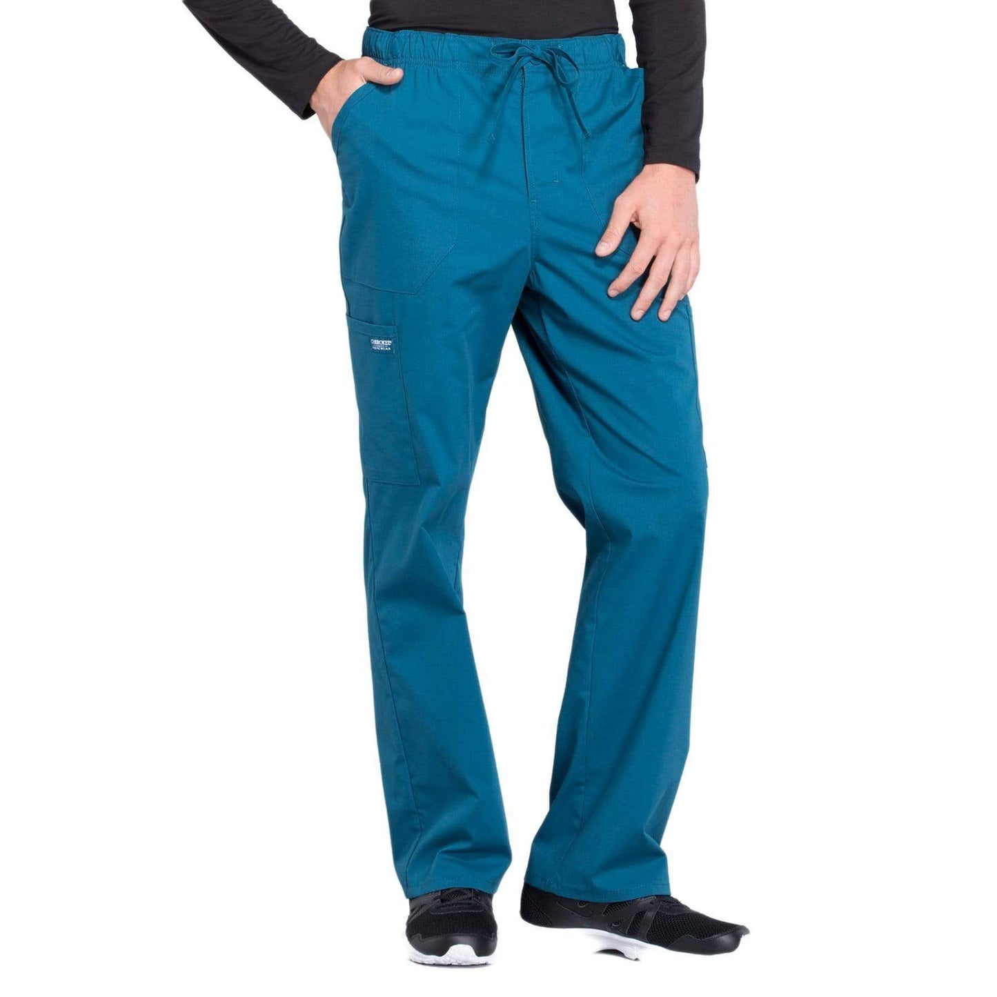 Cherokee Workwear Professionals WW190 Scrubs Pants Men's Tapered Leg Drawstring Cargo Caribbean Blue