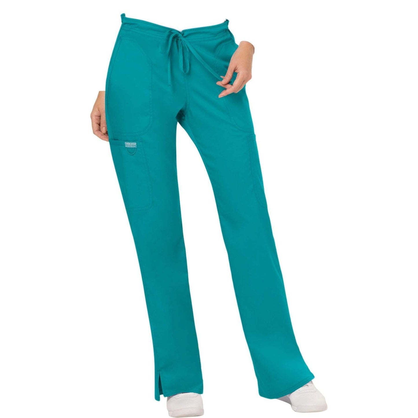 Cherokee Workwear Revolution WW120 Scrubs Pants Women's Mid Rise Flare Drawstring Teal Blue