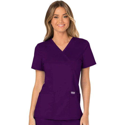 Cherokee Workwear Revolution WW610 Scrubs Top Women's Mock Wrap Eggplant